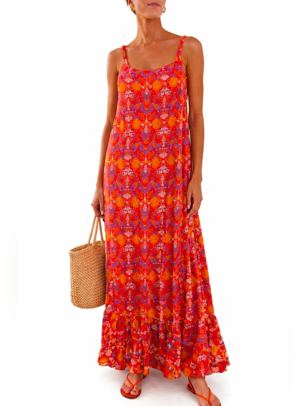 Able The Label Women's Orange Floral Maxi Ruffled Strap Sundress Small NEW